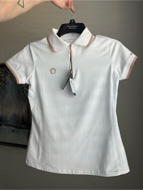 Women’s Short Sleeve Polo Tee in White with Tan Trim by (blank)
